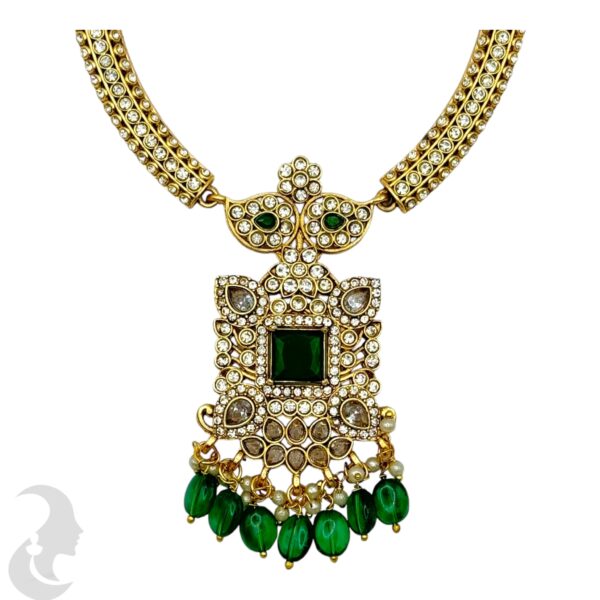 Hasli Necklace Set-Green Color Stones- Jhumka, Product Code: V-2135 - Image 2