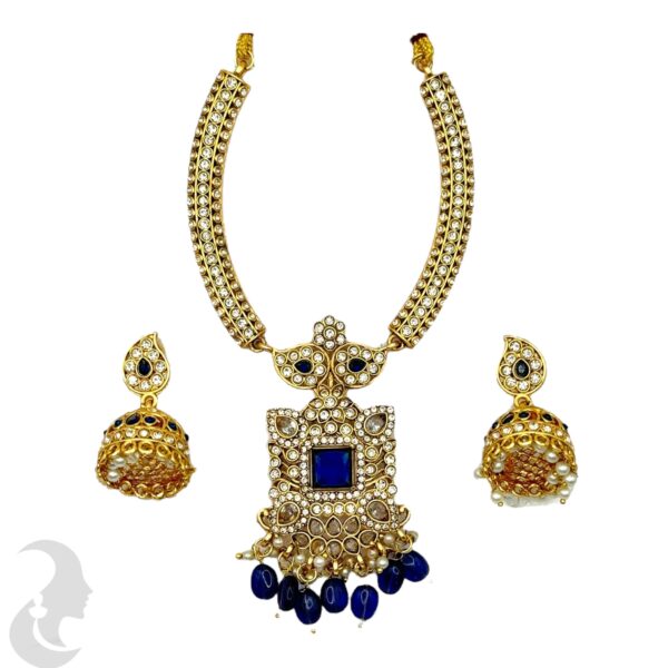 Hasli Necklace Set-Blue Color Stones- Jhumka, Product Code: V-2136