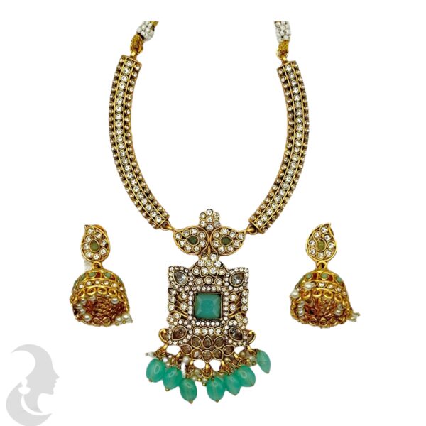 Hasli Necklace Set-Mint Color Stones- Jhumka, Product Code: V-2137