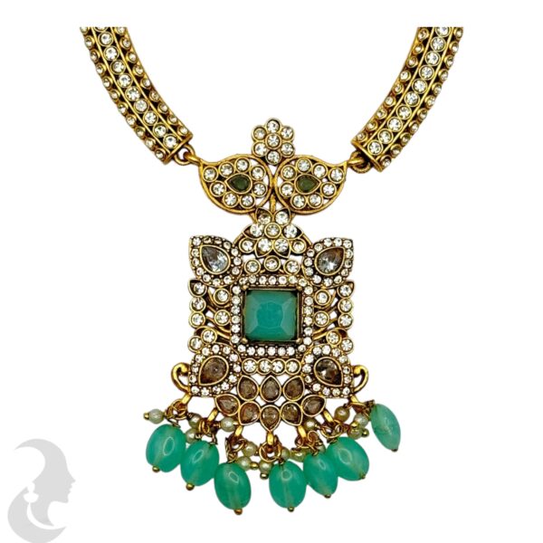 Hasli Necklace Set-Mint Color Stones- Jhumka, Product Code: V-2137 - Image 2