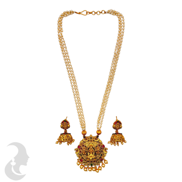 Lakshmi Pendant - Peacock Design- Three Layer Beads Necklace- Ruby  & Green Color Stones- Lakshmi Jhumkas, Product Code: V-1088