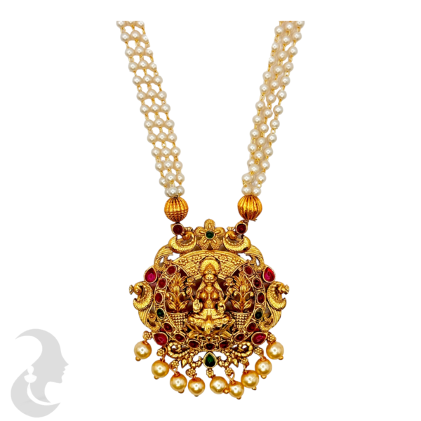 Lakshmi Pendant - Peacock Design- Three Layer Beads Necklace- Ruby  & Green Color Stones- Lakshmi Jhumkas, Product Code: V-1088 - Image 3