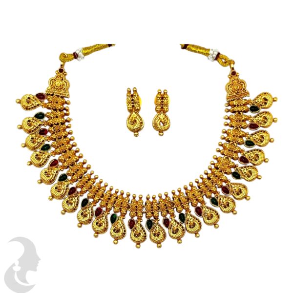 Peacock Design Necklace Set- Green & Ruby Color Stones- Studs, Product Code: V-2141