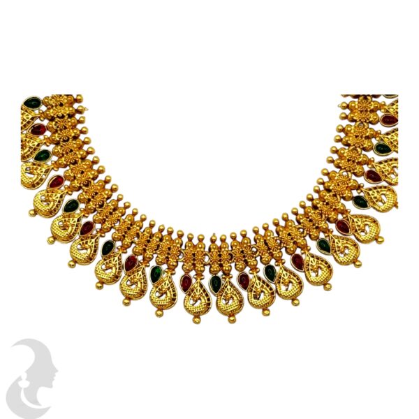 Peacock Design Necklace Set- Green & Ruby Color Stones- Studs, Product Code: V-2141 - Image 2