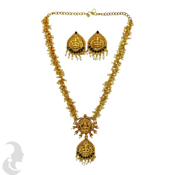 Lakshmi Necklace Set- Pearl Necklace- Green Color Stones-Studs, Product Code: V-2142