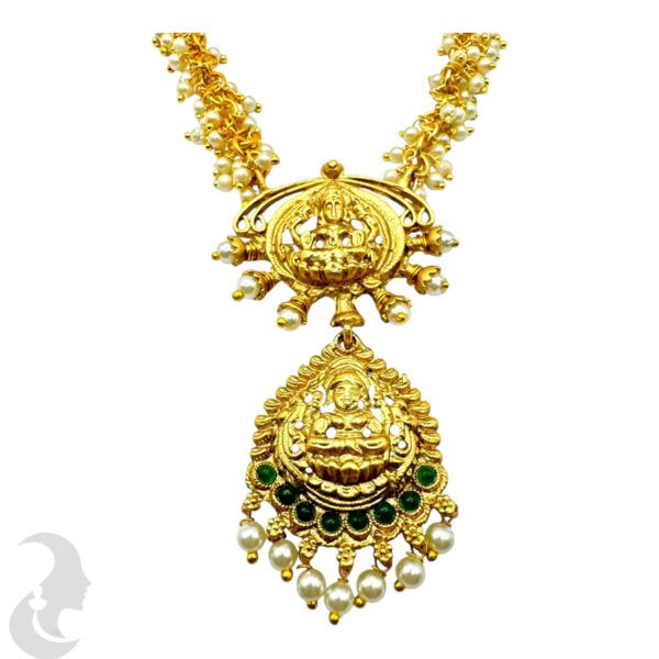 Lakshmi Necklace Set- Pearl Necklace- Green Color Stones-Studs, Product Code: V-2142 - Image 2