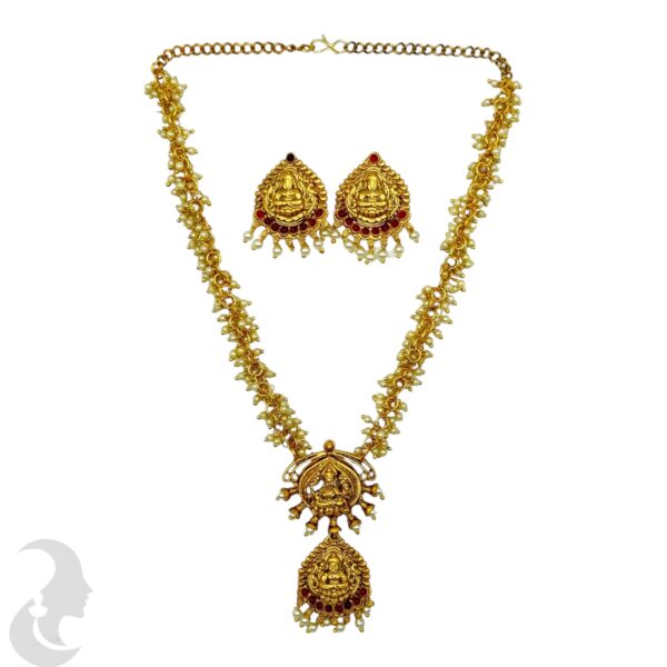 Lakshmi Necklace Set- Pearl Necklace- Red Color Stones-Studs, Product Code: V-2143