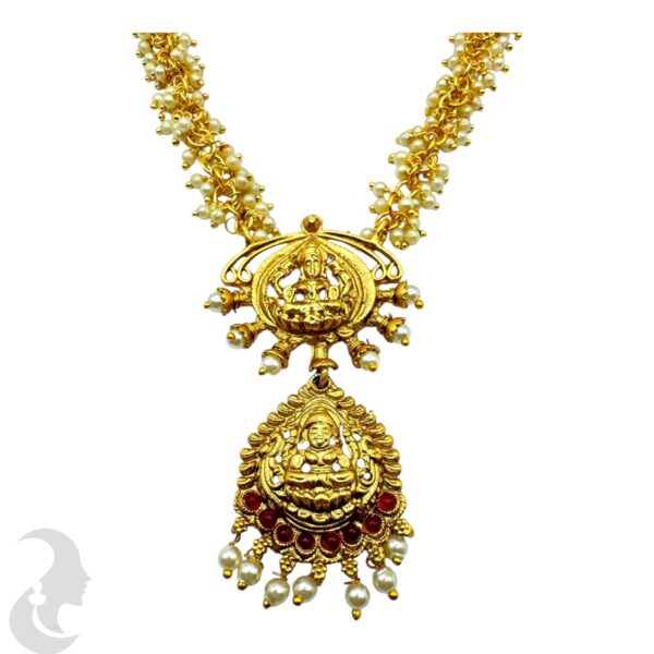 Lakshmi Necklace Set- Pearl Necklace- Red Color Stones-Studs, Product Code: V-2143 - Image 2