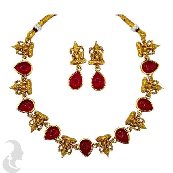 Ganesh Design Necklace Set- Ruby Color Stones- Studs, Product Code: V-2144