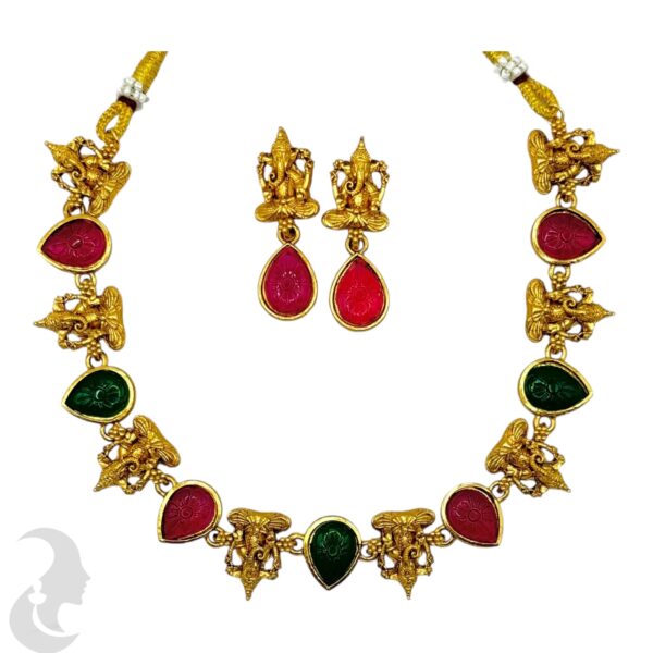 Ganesh Design Necklace Set- Green & Ruby Color Stones- Studs, Product Code: V-2145