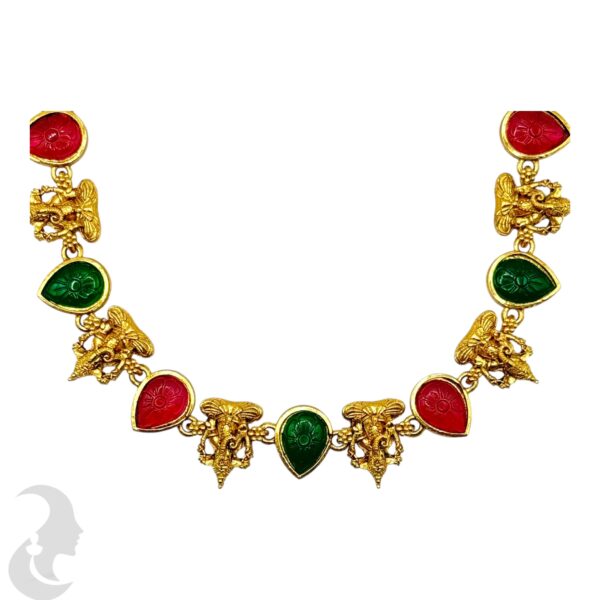 Ganesh Design Necklace Set- Green & Ruby Color Stones- Studs, Product Code: V-2145 - Image 2