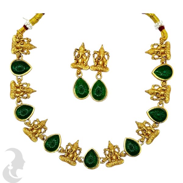 Ganesh Design Necklace Set- Green Color Stones- Studs, Product Code: V-2146