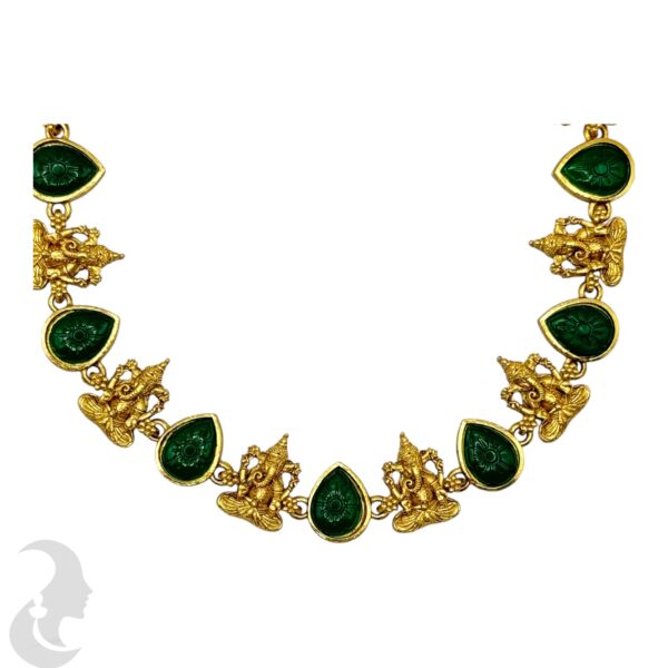 Ganesh Design Necklace Set- Green Color Stones- Studs, Product Code: V-2146 - Image 2