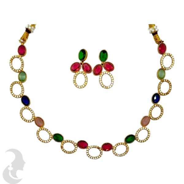 AD Necklace Set-Multi Color Stones- Studs, Product Code: V-2147