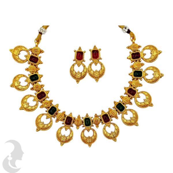 Gold Necklace Set- Green & Ruby Color Stones- Studs, Product Code: V-2151