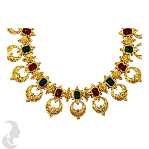 Gold Necklace Set- Green & Ruby Color Stones- Studs, Product Code: V-2151 - Image 2