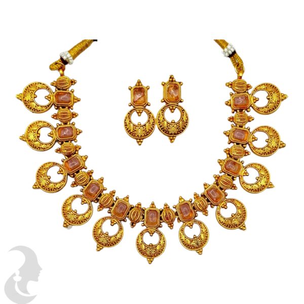 Gold Necklace Set- Baby Pink Color Stones- Studs, Product Code: V-2153