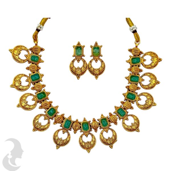 Gold Necklace Set- Mint Color Stones- Studs, Product Code: V-2154