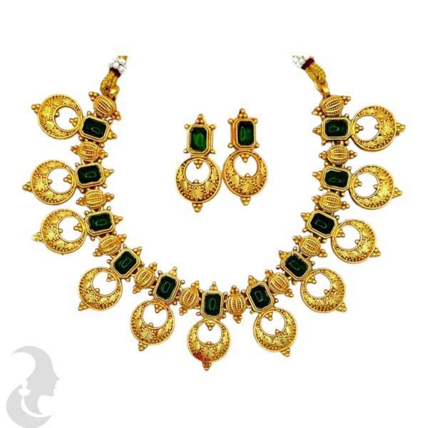 Gold Necklace Set- Green Color Stones- Studs, Product Code: V-2155