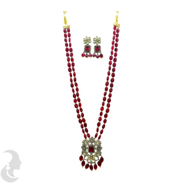 Victorian Necklace- Cherry Red Color Stones- AD Stones- Hanging Studs, Product Code: V-2157