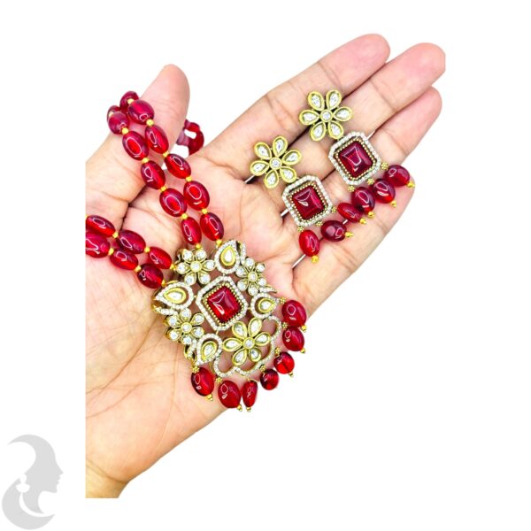 Victorian Necklace- Cherry Red Color Stones- AD Stones- Hanging Studs, Product Code: V-2157 - Image 2