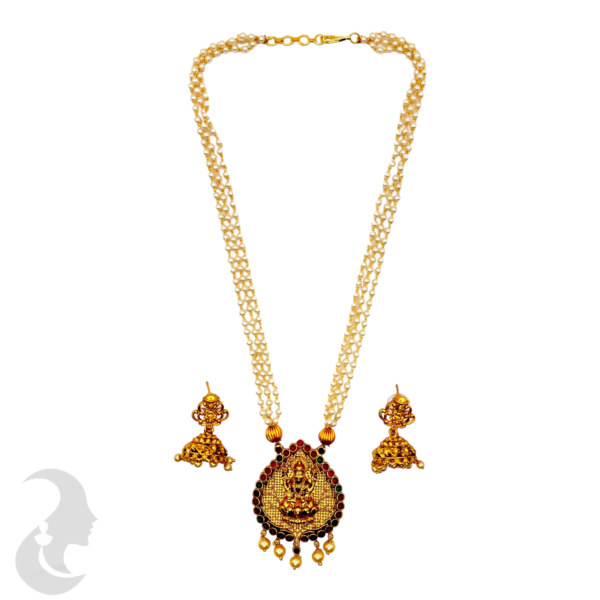 Lakshmi Pendant - Gopi Design- Three Layer Beads Necklace- Ruby  & Green Color Stones- Lakshmi Jhumkas, Product Code: V-1090