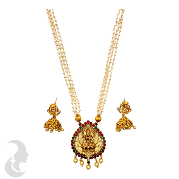 Lakshmi Pendant - Gopi Design- Three Layer Beads Necklace- Ruby  & Green Color Stones- Lakshmi Jhumkas, Product Code: V-1090 - Image 2