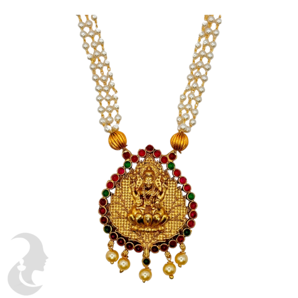 Lakshmi Pendant - Gopi Design- Three Layer Beads Necklace- Ruby  & Green Color Stones- Lakshmi Jhumkas, Product Code: V-1090 - Image 3