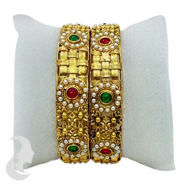 Gold Bangles- Ruby, Green, and Pearl Stones- 2 Bangle Set, Product Code: V-2160 - Image 2