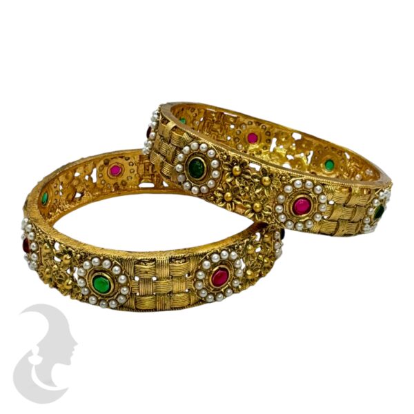 Gold Bangles- Ruby, Green, and Pearl Stones- 2 Bangle Set, Product Code: V-2160