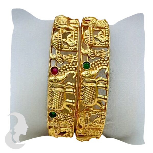 Gold Bangles- Elephant Design- Ruby & Green Color Stones- 2 Bangle Set, Product Code: V-2161