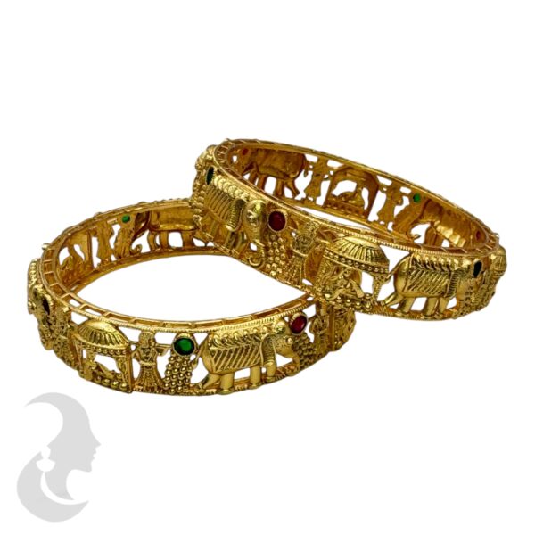 Gold Bangles- Elephant Design- Ruby & Green Color Stones- 2 Bangle Set, Product Code: V-2161 - Image 2