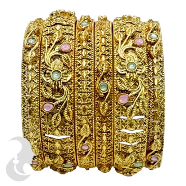 Gold Bangles- Floral Design- Mint & Baby Pink Color Stones- 6 Bangle Set, Product Code: V-2162 - Image 2