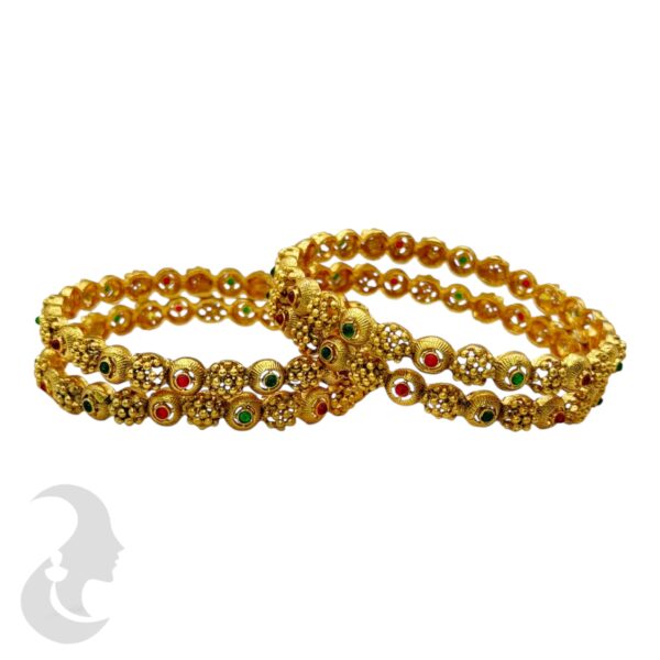 Gold Bangles-  Ruby & Green Color Stones- 4 Bangle Set, Product Code: V-2163