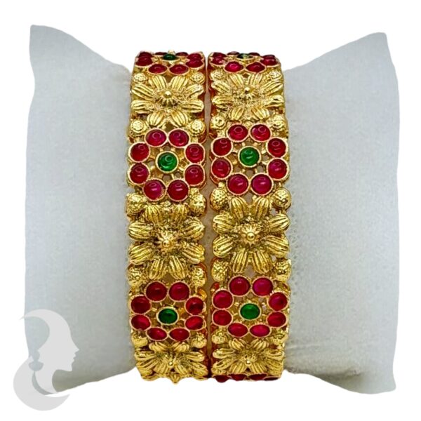 Gold Bangles- Ruby & Green Color Stones- 2 Bangle Set, Product Code: V-2165 - Image 2