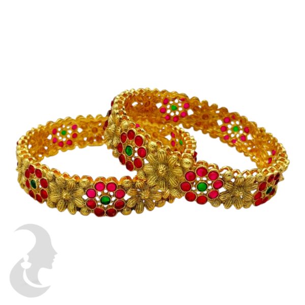 Gold Bangles- Ruby & Green Color Stones- 2 Bangle Set, Product Code: V-2165