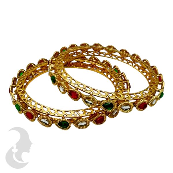 Gold Bangles- Gopi Design- Ruby & Green Color Stones- 2 Bangle Set, Product Code: V-2166