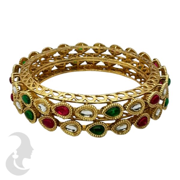 Gold Bangles- Gopi Design- Ruby & Green Color Stones- 2 Bangle Set, Product Code: V-2166 - Image 2