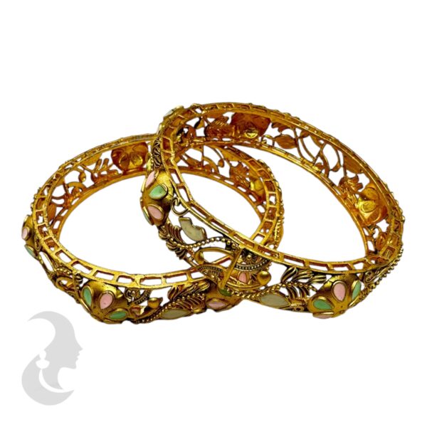 Gold Bangles- Floral Design- Mint & Pink - 2 Bangle Set, Product Code: V-2167