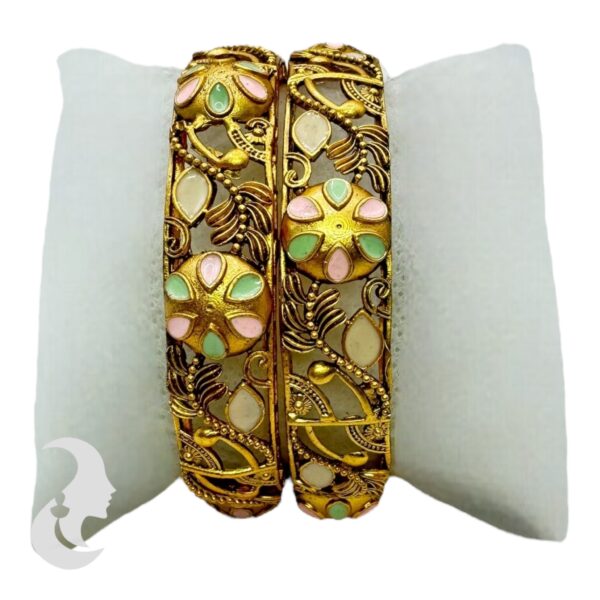 Gold Bangles- Floral Design- Mint & Pink - 2 Bangle Set, Product Code: V-2167 - Image 2