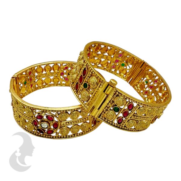 Gold Screw Bangles- Ruby & Green Color Stones- 2 Bangle Set, Product Code: V-2168 - Image 2