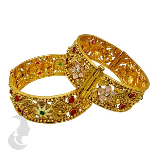 Gold Screw Bangles- Floral Design-Pink, White, Ruby & Green Color Stones- 2 Bangle Set, Product Code: V-2169