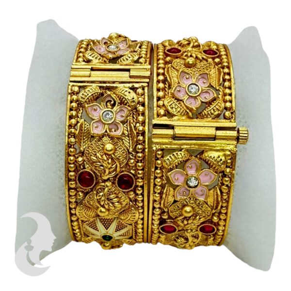 Gold Screw Bangles- Floral Design-Pink, White, Ruby & Green Color Stones- 2 Bangle Set, Product Code: V-2169 - Image 2