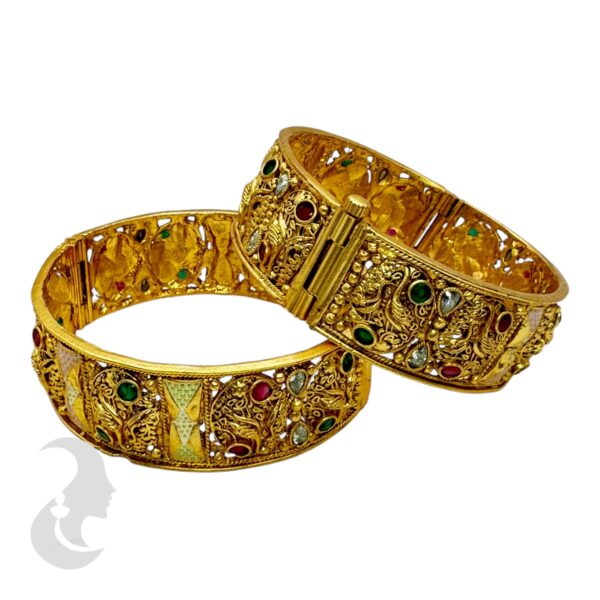 Gold Screw Bangles- Pink, White, Ruby & Green Color Stones- 2 Bangle Set, Product Code: V-2171 - Image 2