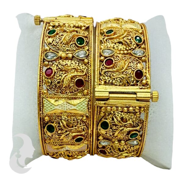 Gold Screw Bangles- Pink, White, Ruby & Green Color Stones- 2 Bangle Set, Product Code: V-2171