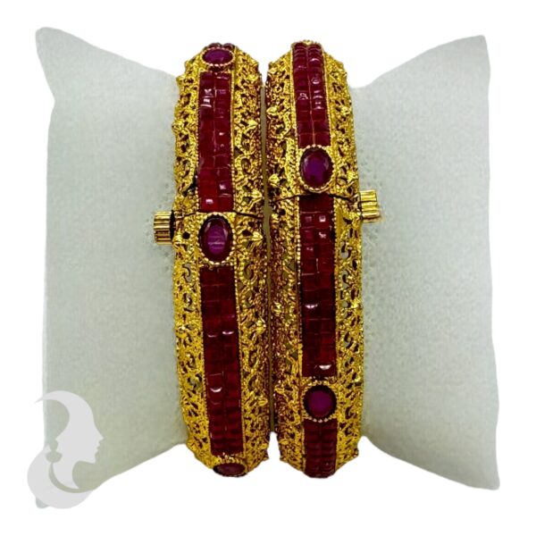 Premium Gold Screw Bangles- Ruby Color Stones - 2 Bangle Set, Product Code: V-2172 - Image 2