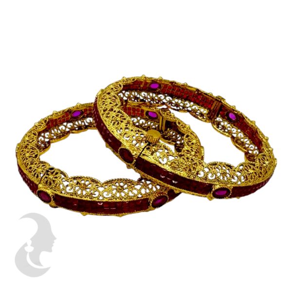 Premium Gold Screw Bangles- Ruby Color Stones - 2 Bangle Set, Product Code: V-2172