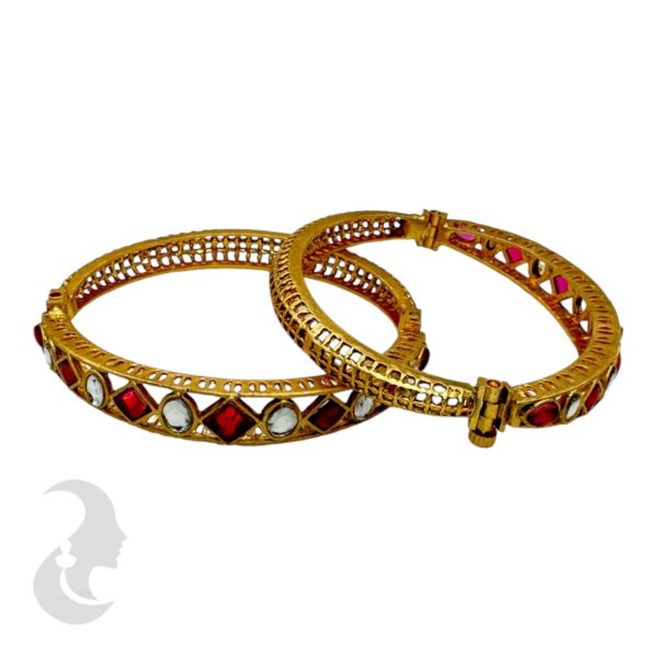 Gold Screw Bangles- Ruby & Plain Color Stones- 2 Bangle Set, Product Code: V-2173