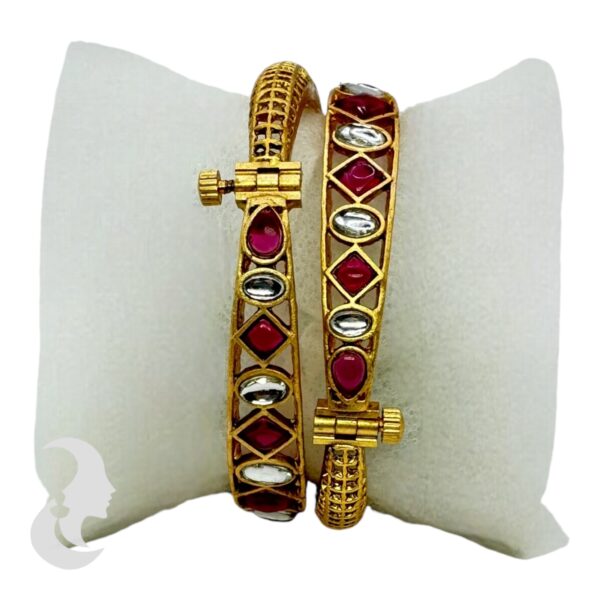 Gold Screw Bangles- Ruby & Plain Color Stones- 2 Bangle Set, Product Code: V-2173 - Image 2