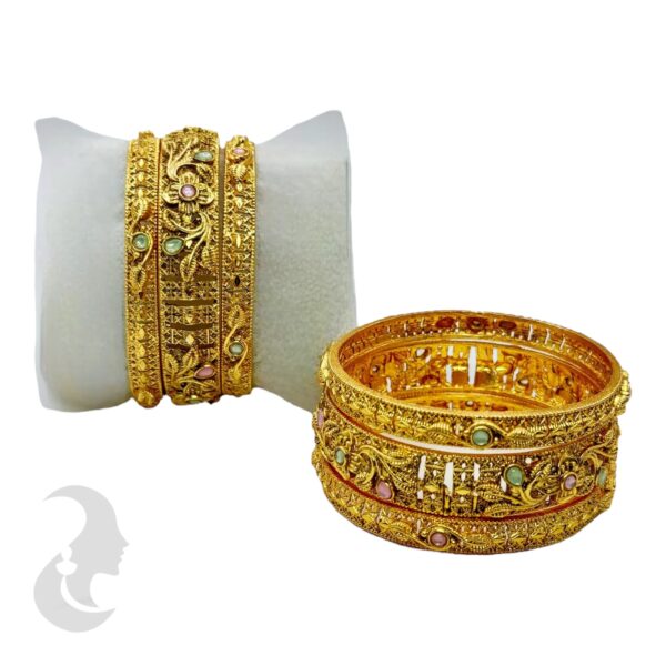 Gold Bangles- Floral Design- Mint & Baby Pink Color Stones- 6 Bangle Set, Product Code: V-2174